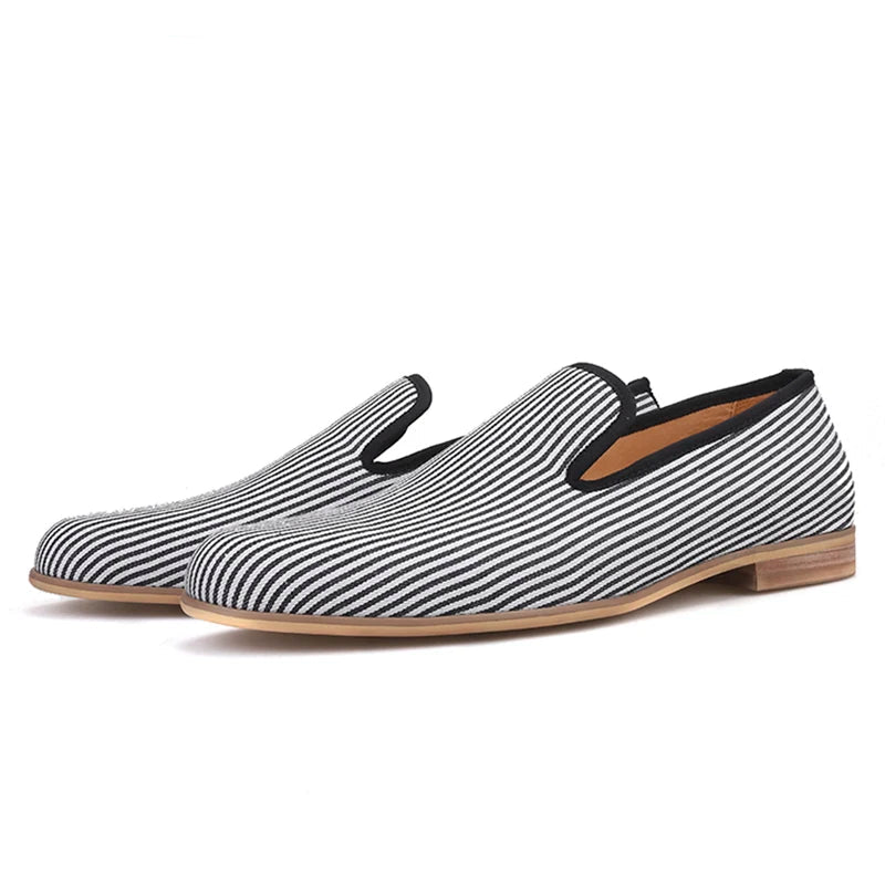New British style mens loafers Black striped canvas fashion mens smoking slippers plus-size male flats