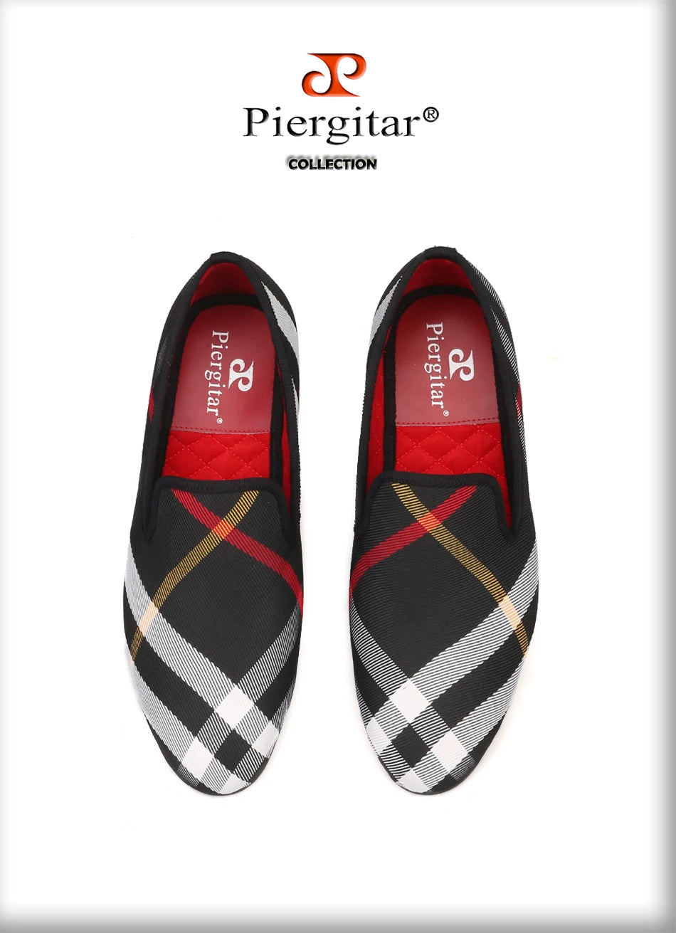 Piergitar Blue and white plaid canvas shoes luxurious brand men loafers black pig leather insole men's casual shoes men's flats