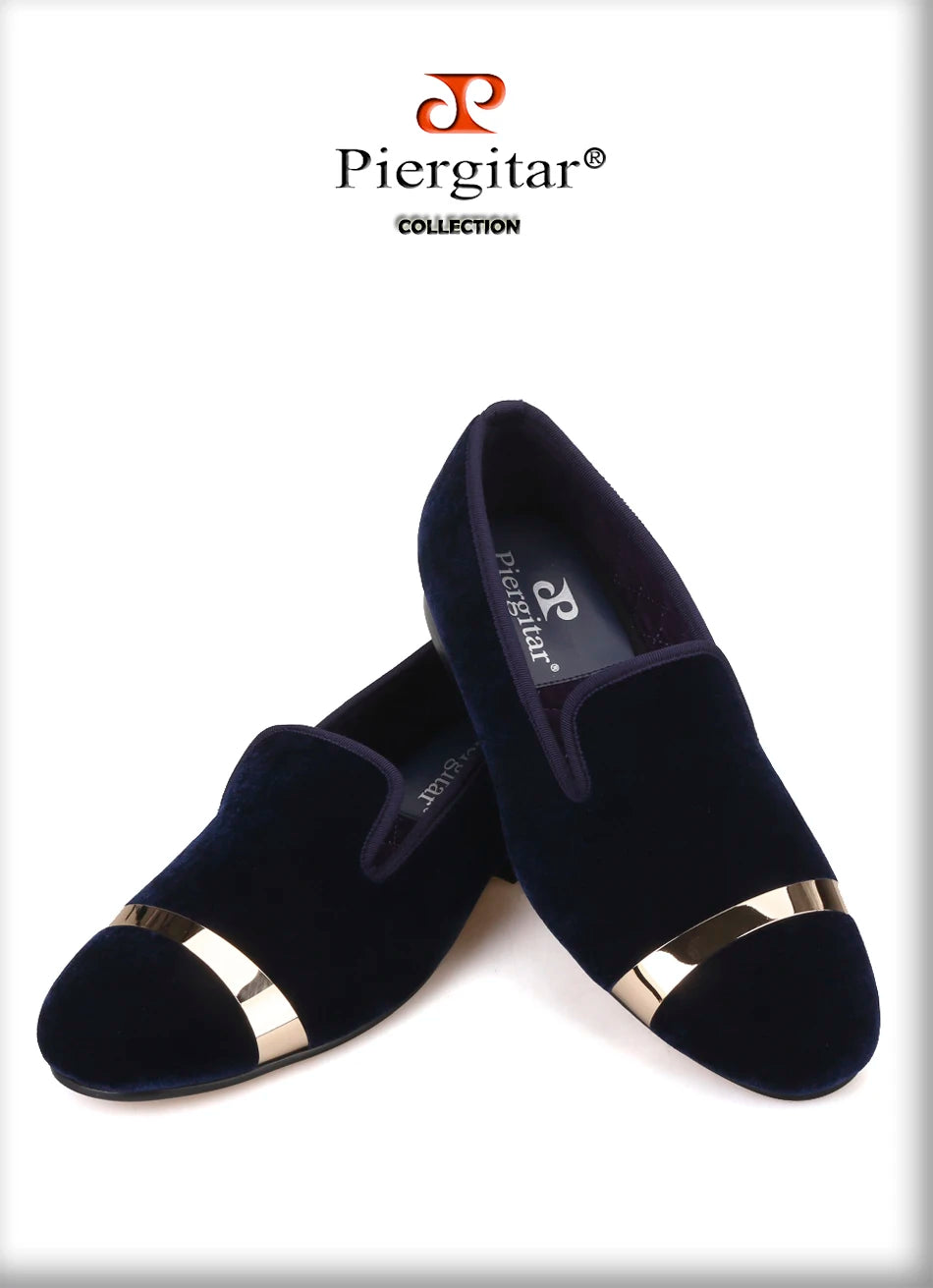 Piergitar new style Handmade men navy velvet shoes with gold metal on shoes toe fashion party wedding and banquet male loafers