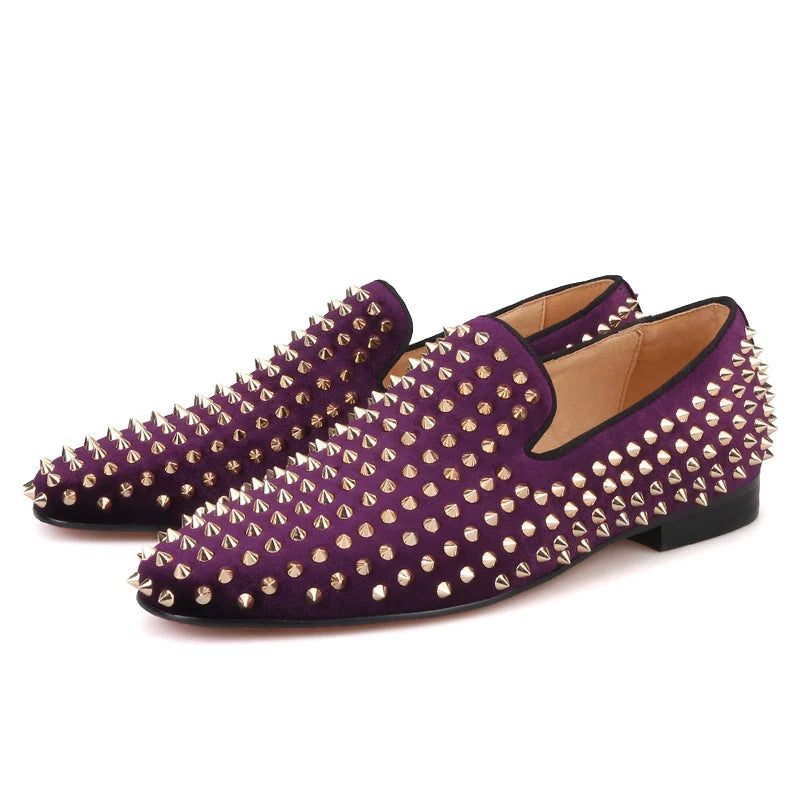 2019 Men's smoking slippers and party shoes in plus sizes made of purple velvet with gold rivets
