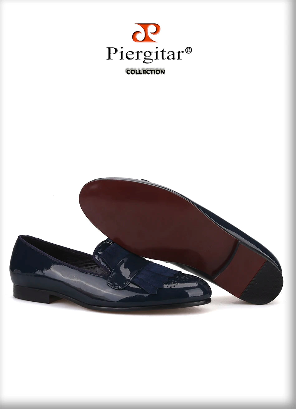 Piergitar New Style Handmade Patent Leather Shoes With Classical Brogue Printing And Suede Fringe Party/Wedding Men's Loafers