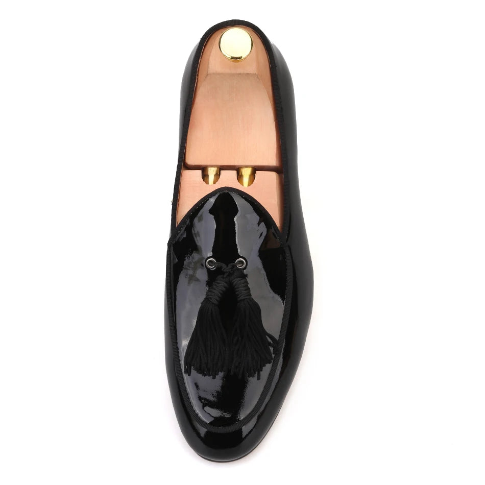 New Arrival Patent leather Handmade Tassel Men Smoking Slippers for Party and Wedding Men Loafers, Men's Dress Shoe