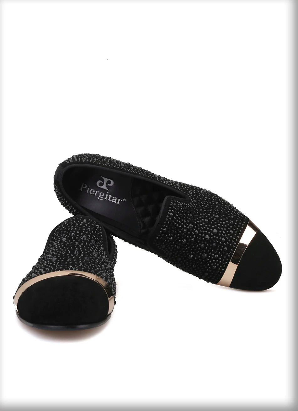 Handmade Black Diamonds men's suede loafer with gold strap and leather insole, for banquets and prom