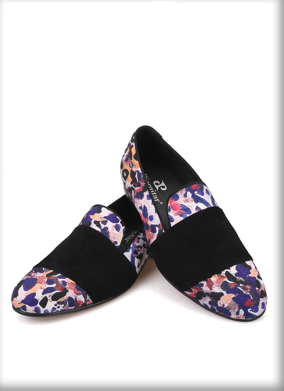 Loafers for Men in Animal Print Cotton Fabric with Black Suede Straps Casual Style for Parties, Banquets and Prom