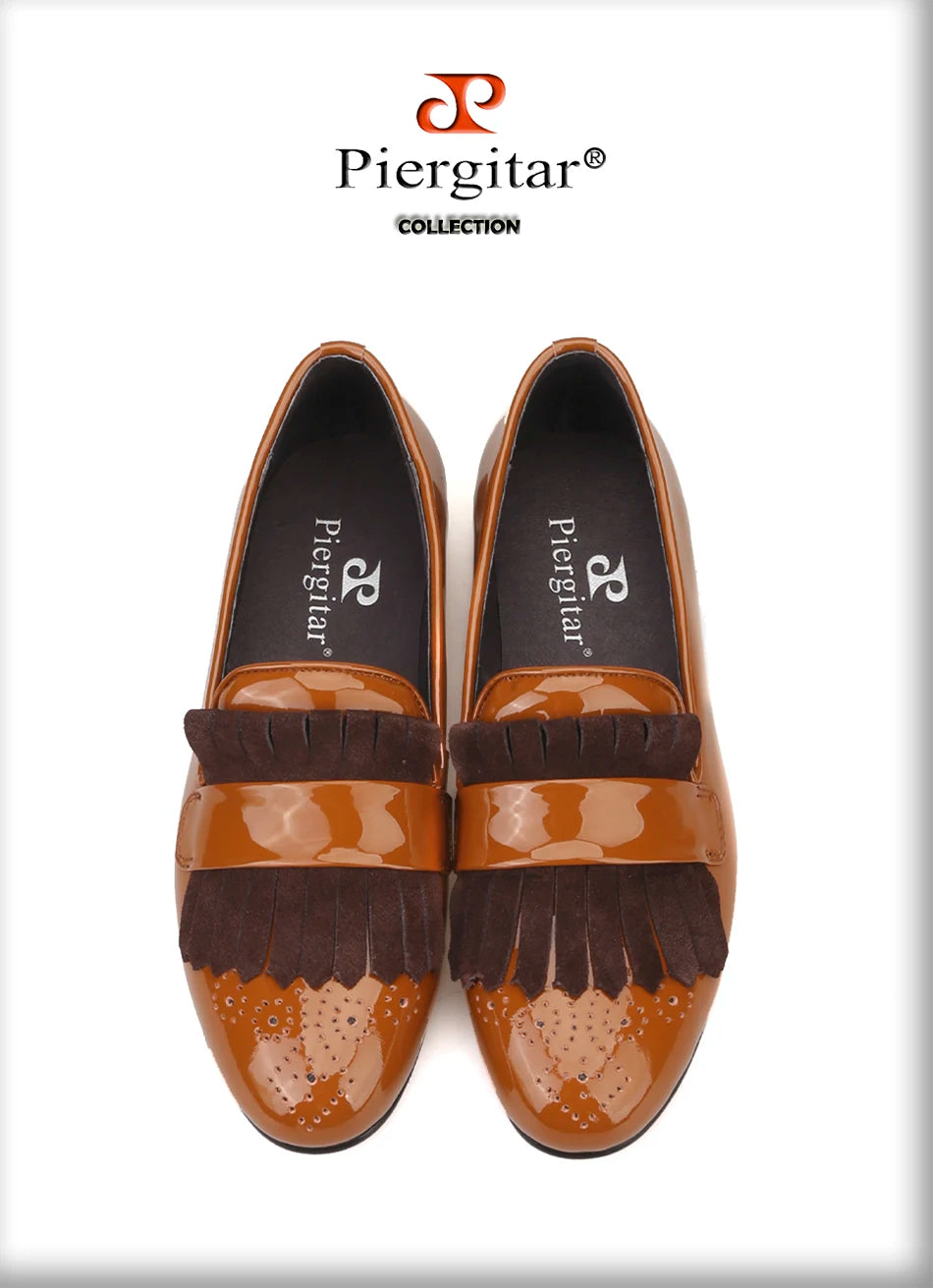 Piergitar New Style Handmade Patent Leather Shoes With Classical Brogue Printing And Suede Fringe Party/Wedding Men's Loafers