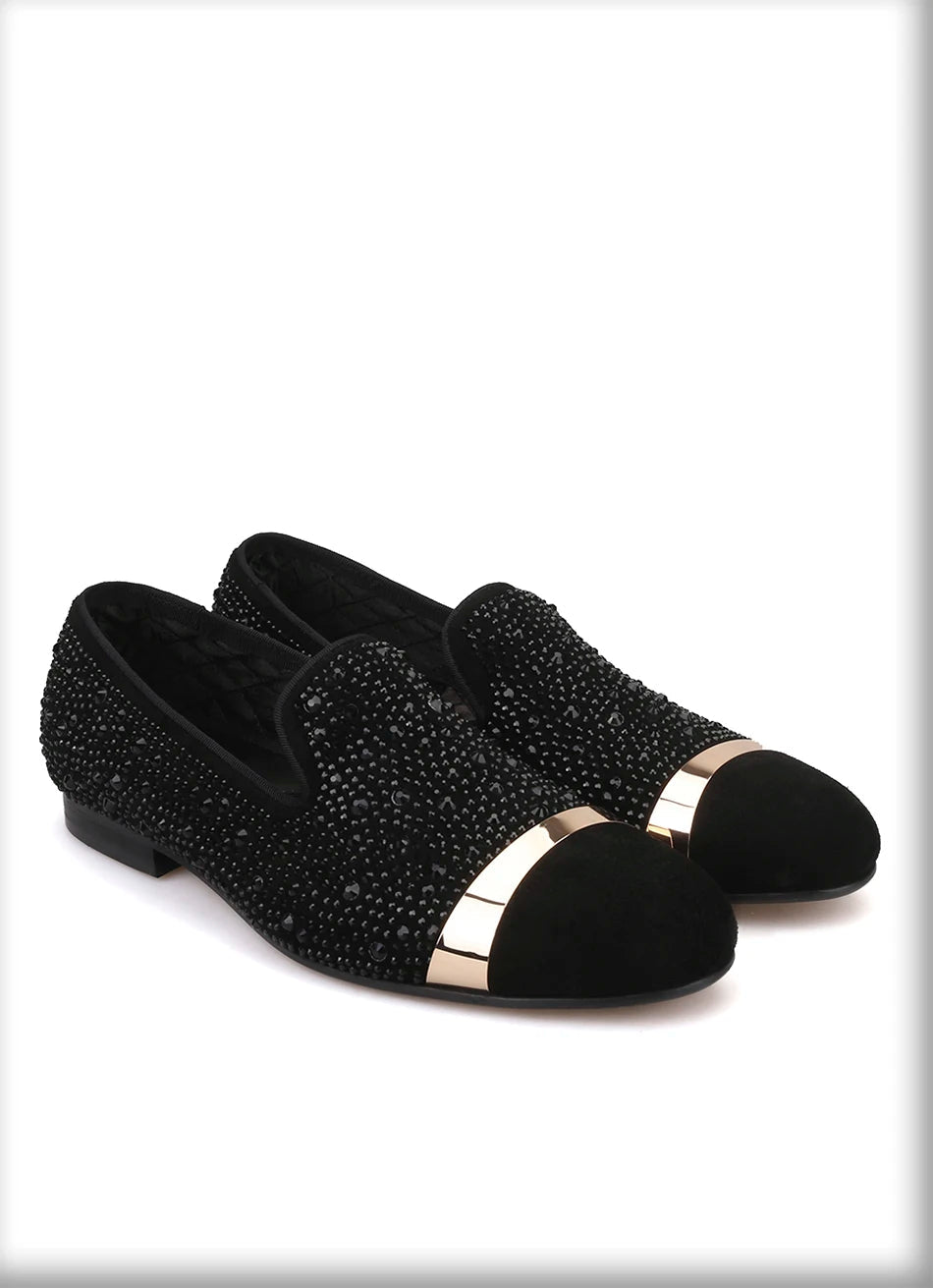Handmade Black Diamonds men's suede loafer with gold strap and leather insole, for banquets and prom