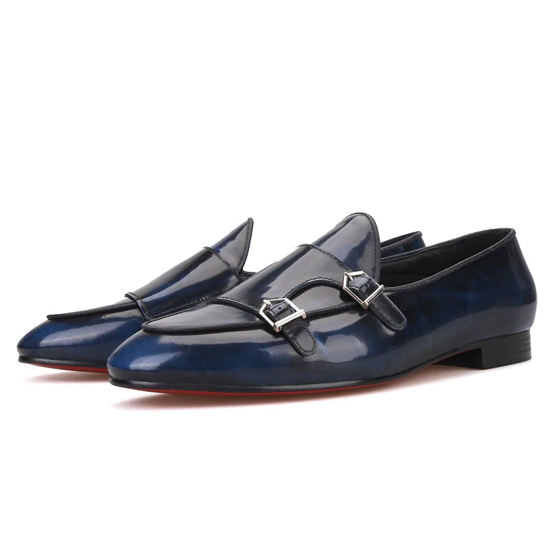 Plus size men's smoking slippers with metal buckle and handmade calfskin dress shoes for men.