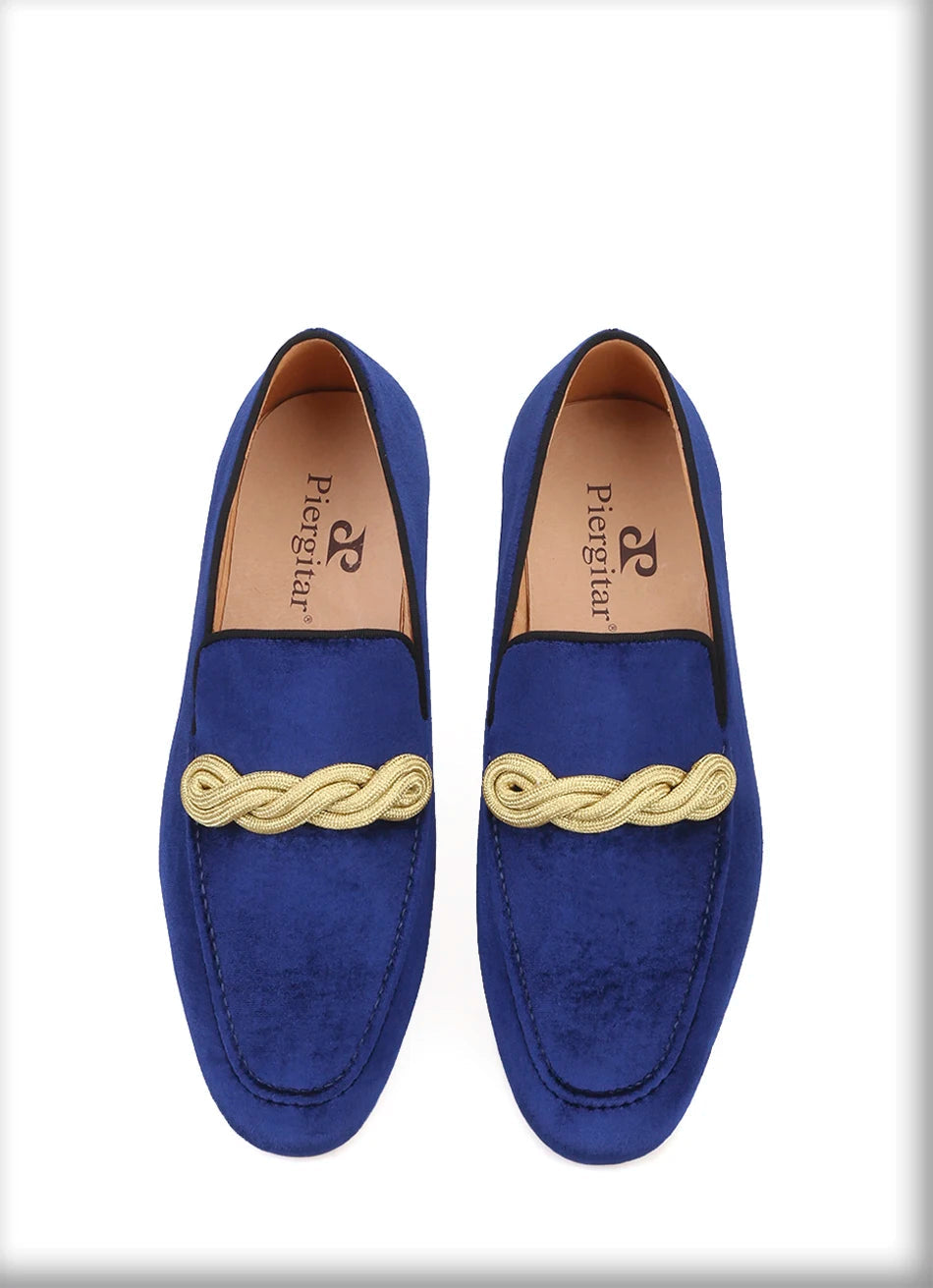 Men's smoking slippers with a gold rape design, made by hand.