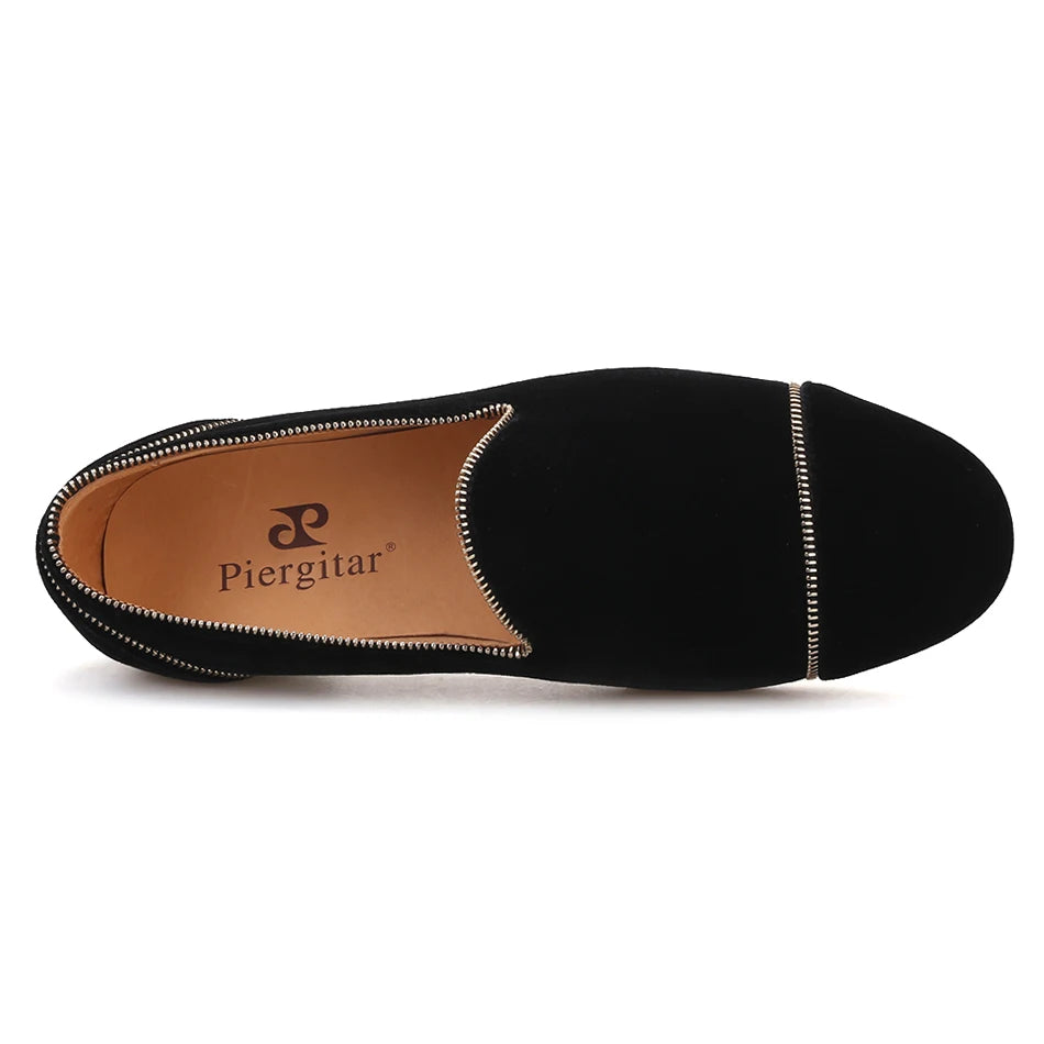 Men's smoking slippers with leather insole and Zipper design, black colors.