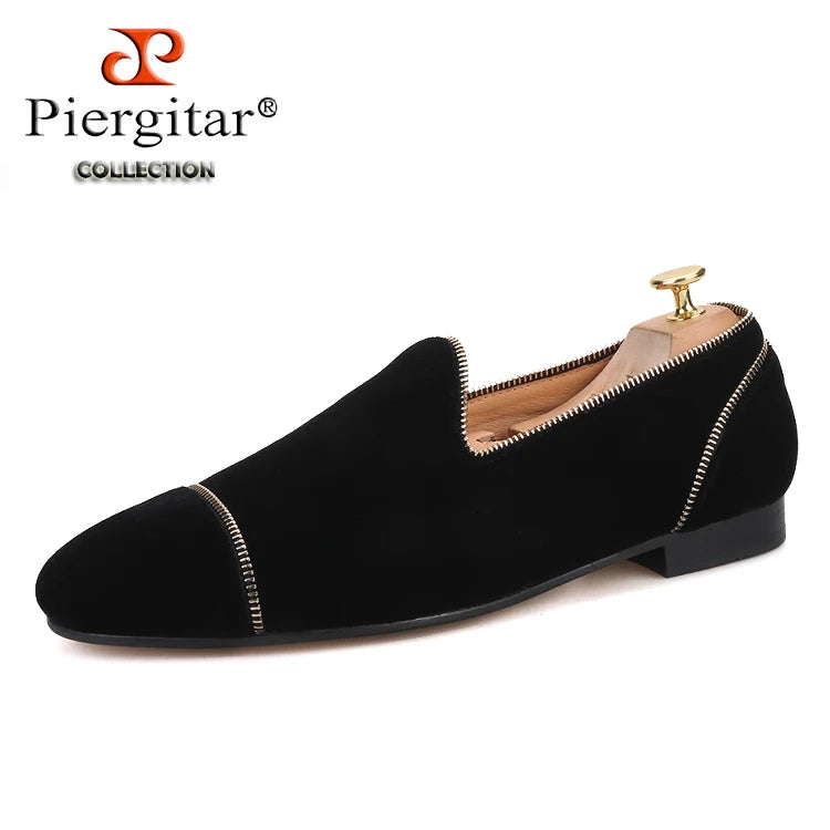 Piergitar Black colors velvet handmade men's loafers with Zippers design party and wedding smoking slippers leather insole