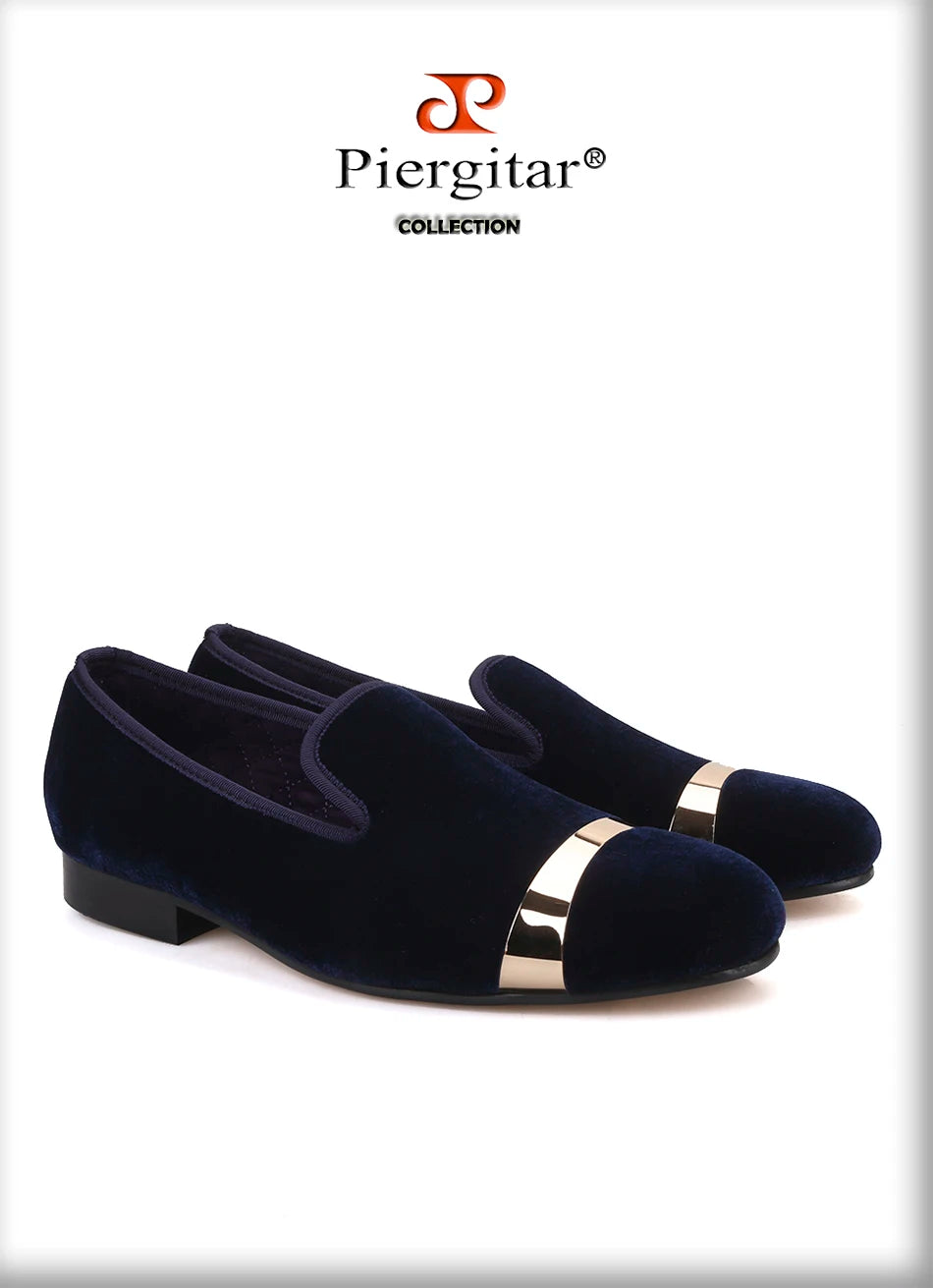 Piergitar new style Handmade men navy velvet shoes with gold metal on shoes toe fashion party wedding and banquet male loafers