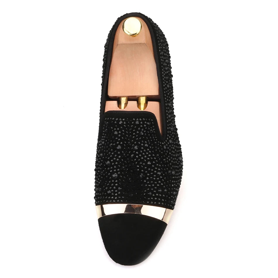 Handmade Black Diamonds men's suede loafer with gold strap and leather insole, for banquets and prom