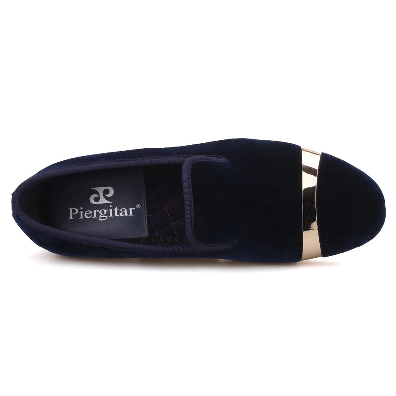 Piergitar new style Handmade men navy velvet shoes with gold metal on shoes toe fashion party wedding and banquet male loafers