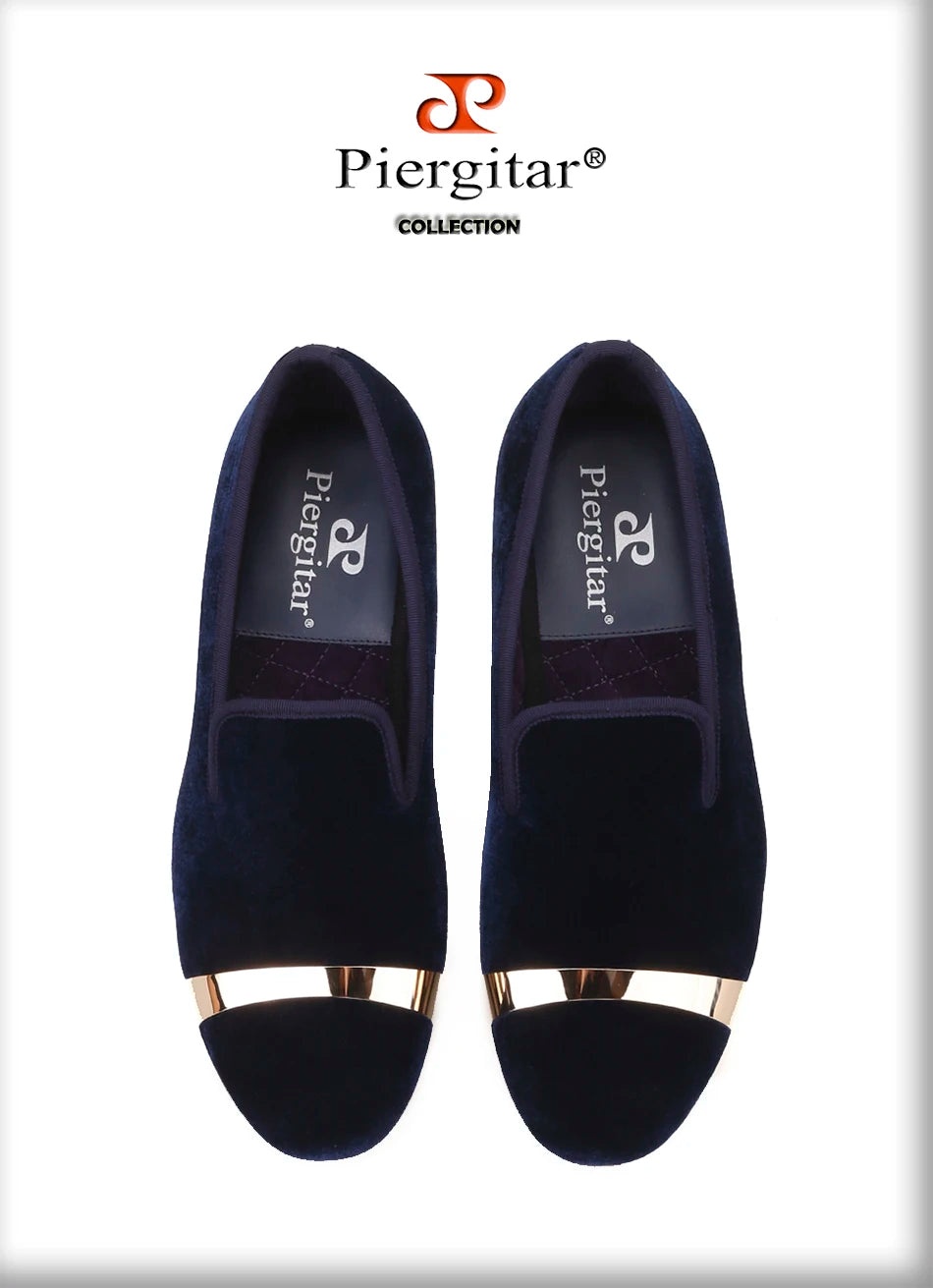 Piergitar new style Handmade men navy velvet shoes with gold metal on shoes toe fashion party wedding and banquet male loafers