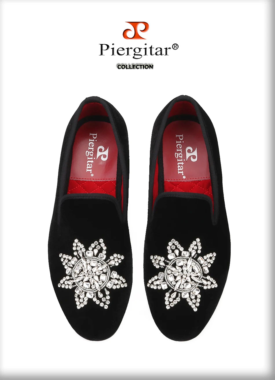 Piergitar New Style Black velvet Men Loafers with Silver Rhinestone Fashion Party and Banquet men's casual shoes slip-on