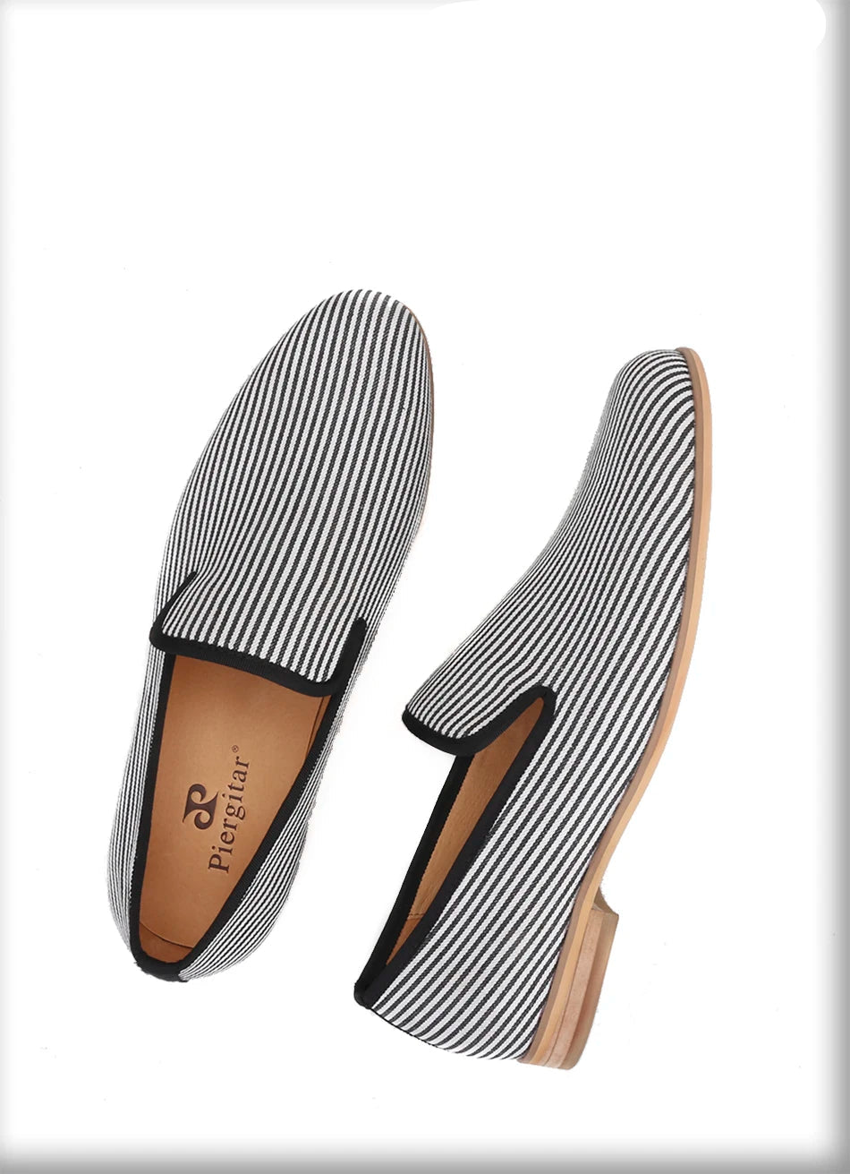 New British style mens loafers Black striped canvas fashion mens smoking slippers plus-size male flats