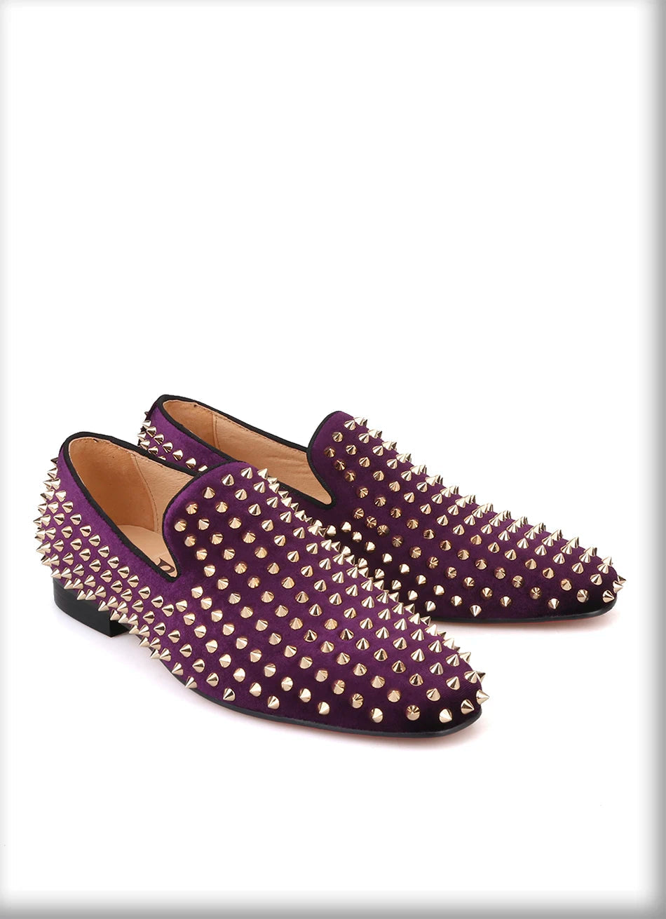 2019 Men's smoking slippers and party shoes in plus sizes made of purple velvet with gold rivets