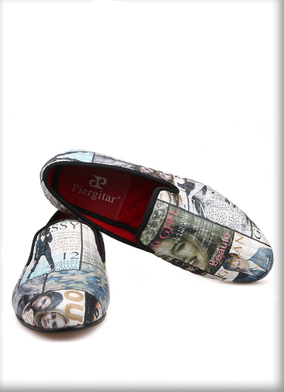 Men's casual shoes with red cotton insoles and a magazine-style graffiti fabric men loafer.