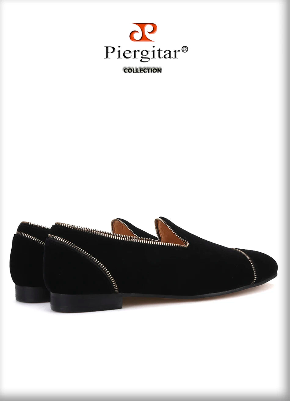 Piergitar Black colors velvet handmade men's loafers with Zippers design party and wedding smoking slippers leather insole