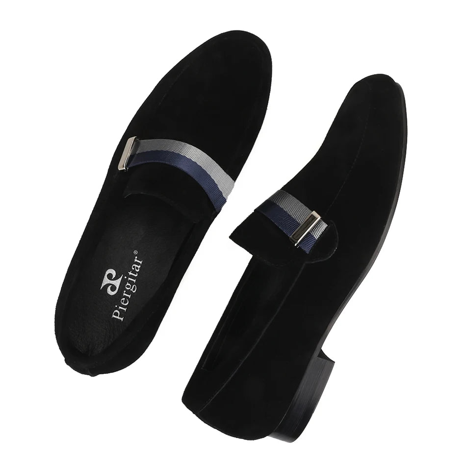 Piergitar Handcraft Men suede shoes with mixed lace Men Smoking Slipper Fashion Party and banquet men's loafers Plus size