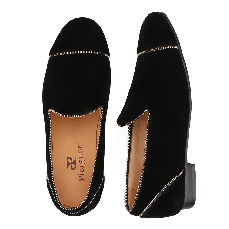 Men's smoking slippers with leather insole and Zipper design, black colors.
