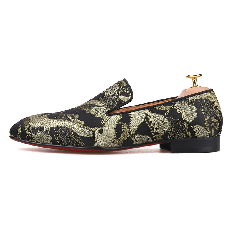 Piergitar brand 2019 gold black colors handmade men loafers crane jacquard design men's casual shoes smoking slippers plus size