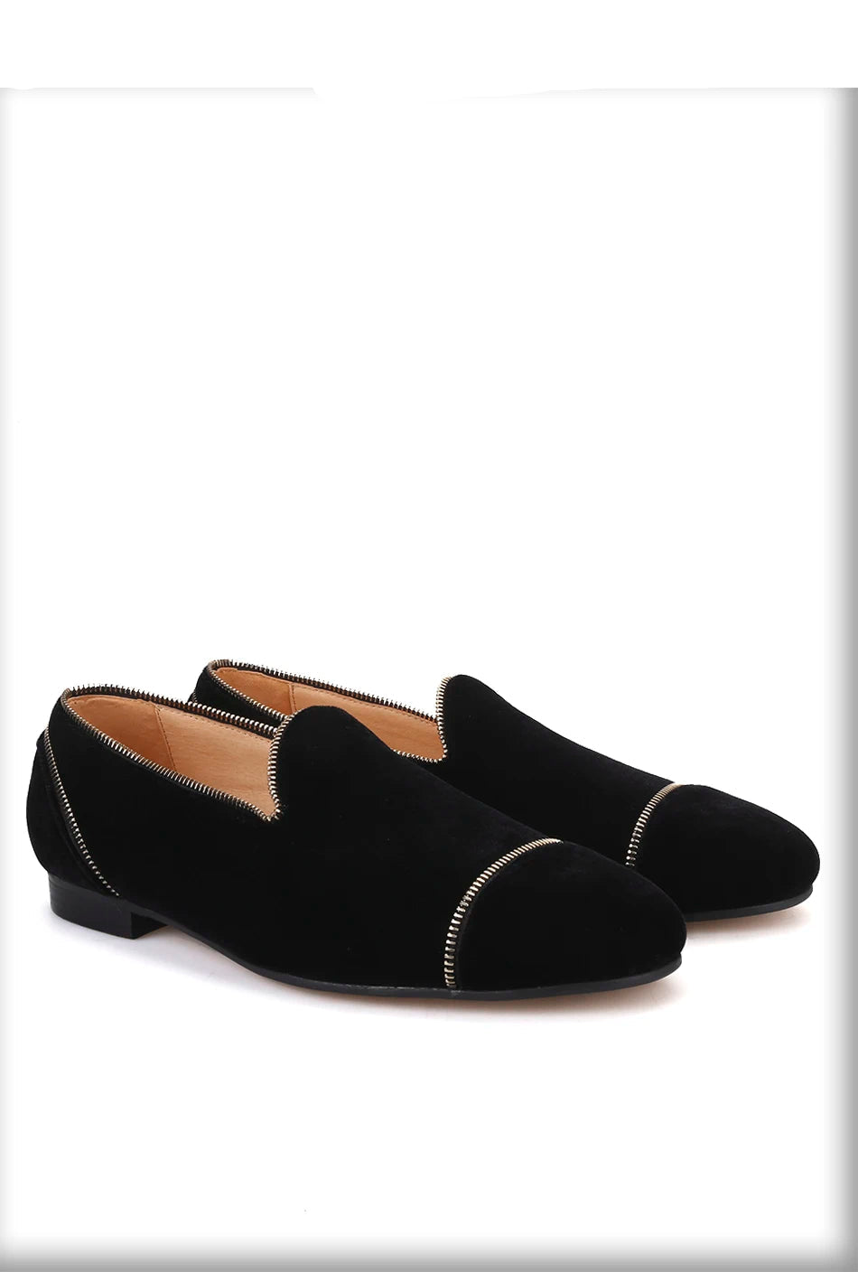 Men's smoking slippers with leather insole and Zipper design, black colors.