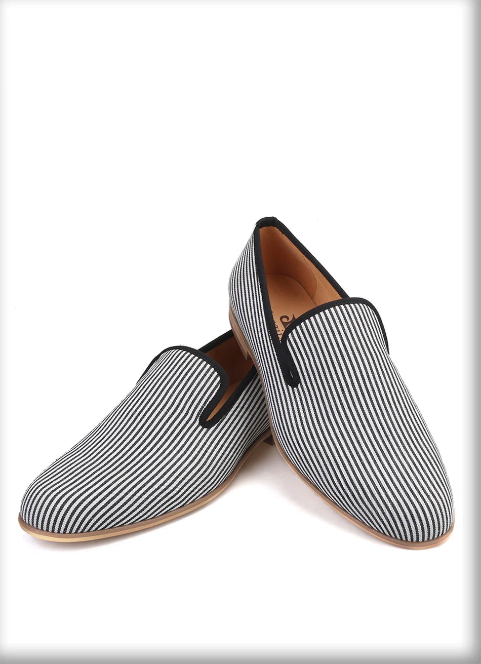 New British style mens loafers Black striped canvas fashion mens smoking slippers plus-size male flats