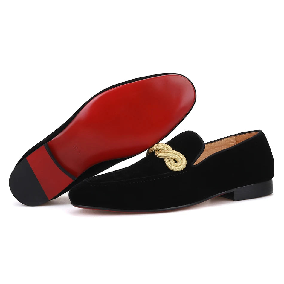 Men's smoking slippers with a gold rape design, made by hand.
