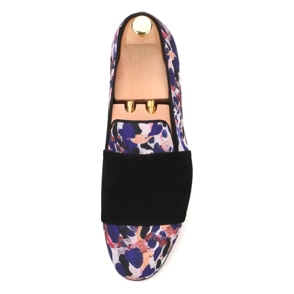 Loafers for Men in Animal Print Cotton Fabric with Black Suede Straps Casual Style for Parties, Banquets and Prom