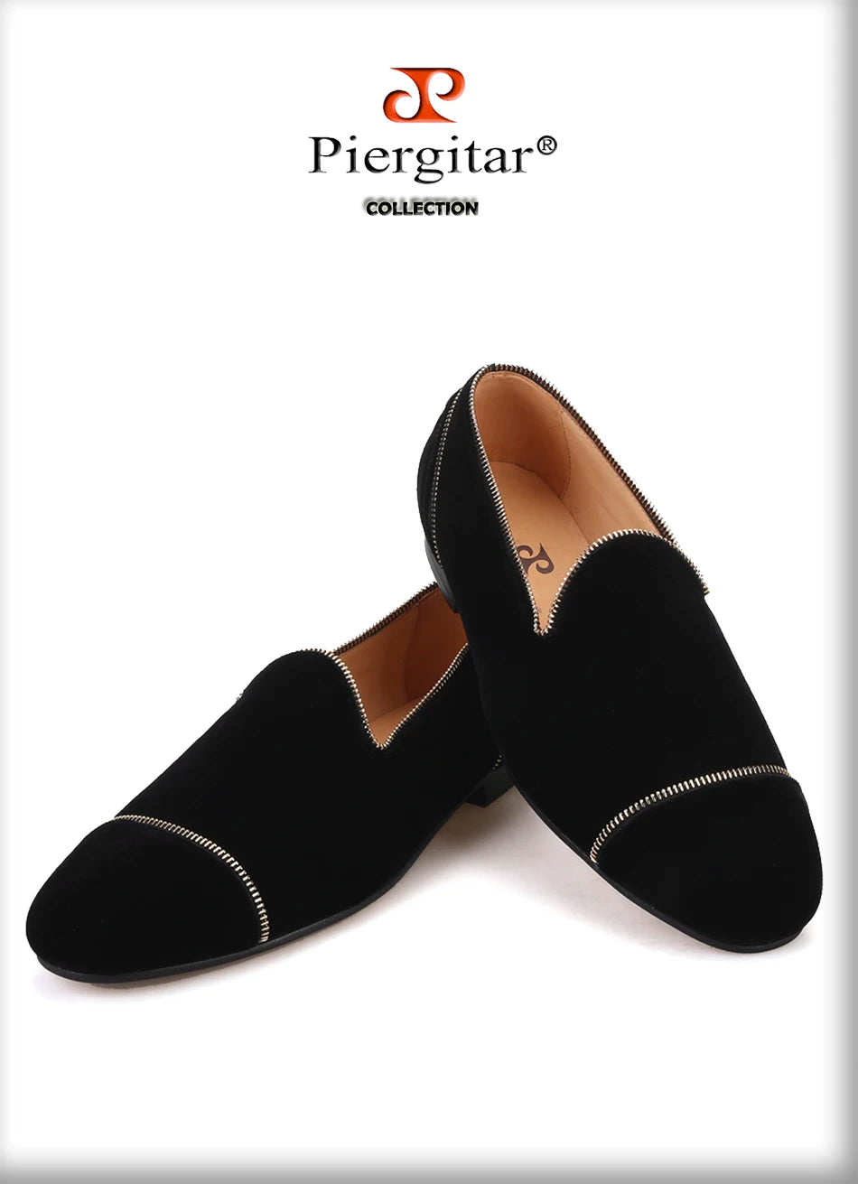 Piergitar Black colors velvet handmade men's loafers with Zippers design party and wedding smoking slippers leather insole