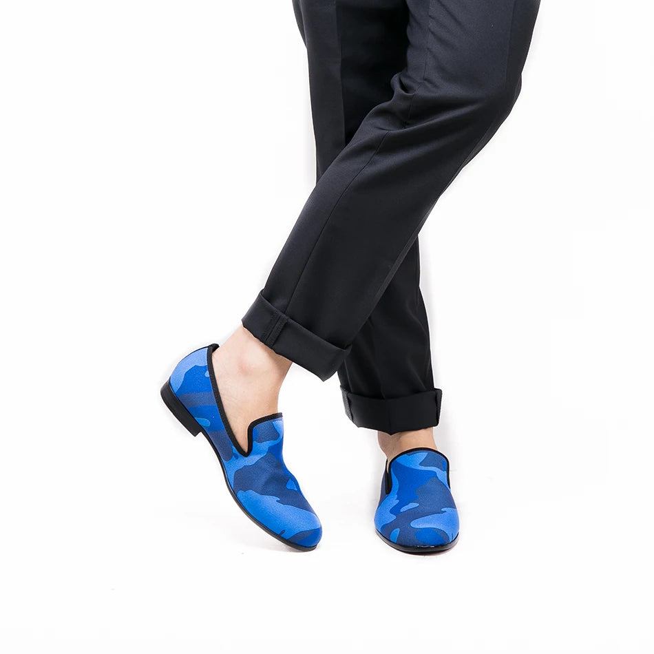 Piergitar Classic loafer styling composed of charged blue shades for a sophisticated yet playful appearance men smoking slippers
