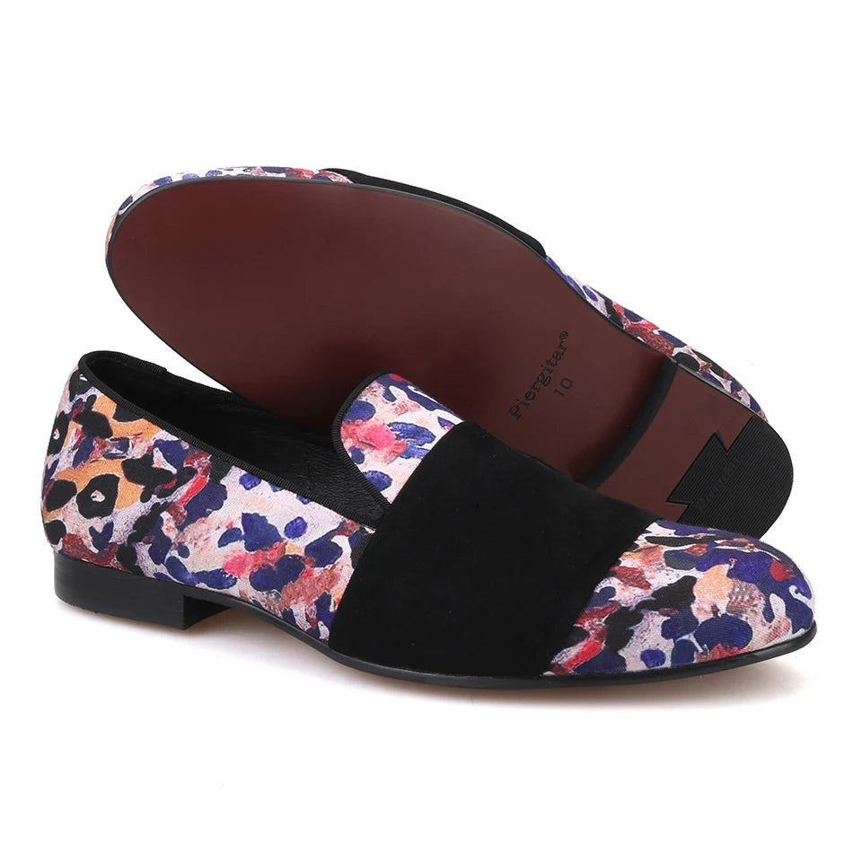 Loafers for Men in Animal Print Cotton Fabric with Black Suede Straps Casual Style for Parties, Banquets and Prom
