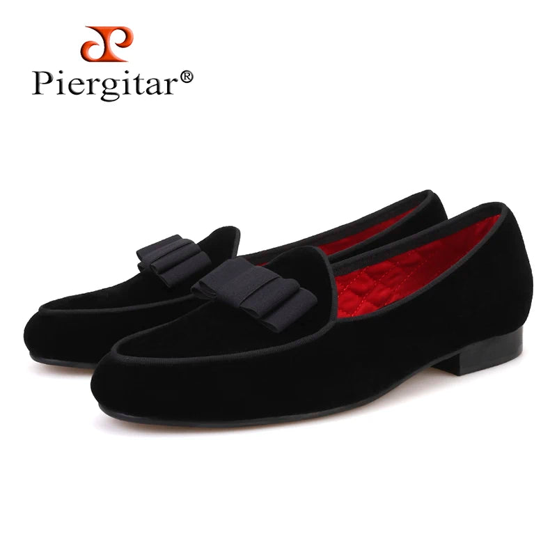 Piergitar new arrival Handmade Men velvet shoes with short Tongue and Bowtie Men party and wedding dress shoes Banquet loafers