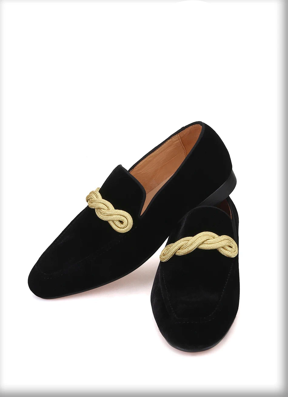 Men's smoking slippers with a gold rape design, made by hand.