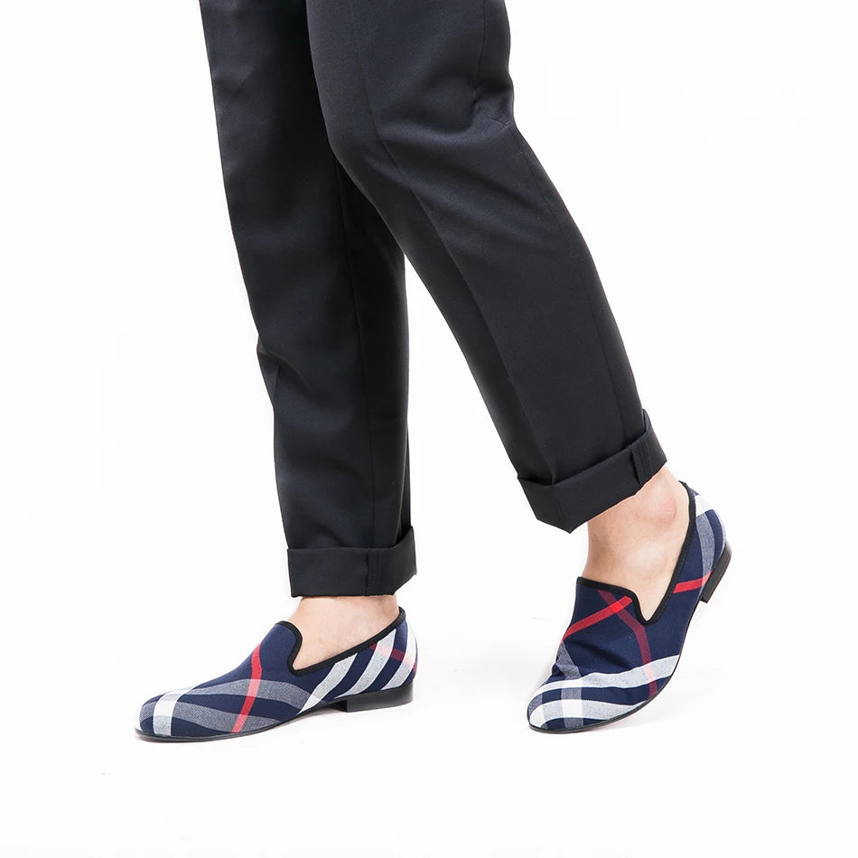 Piergitar Blue and white plaid canvas shoes luxurious brand men loafers black pig leather insole men's casual shoes men's flats