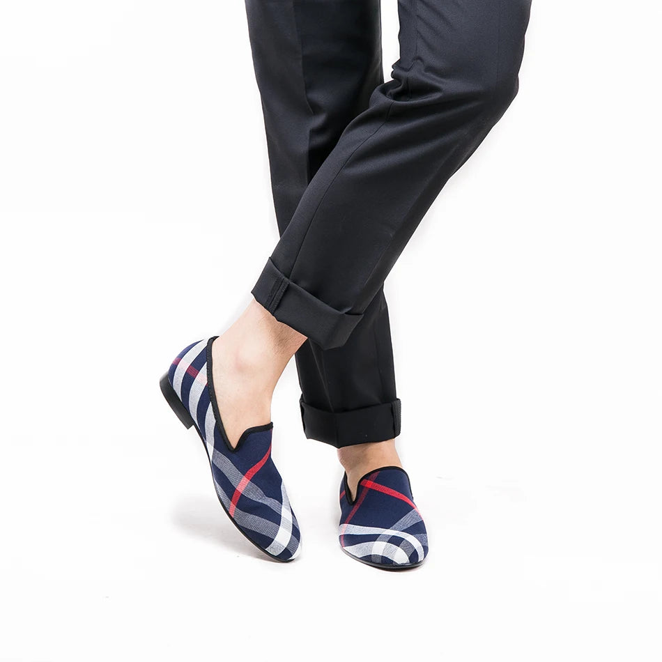 Piergitar Blue and white plaid canvas shoes luxurious brand men loafers black pig leather insole men's casual shoes men's flats