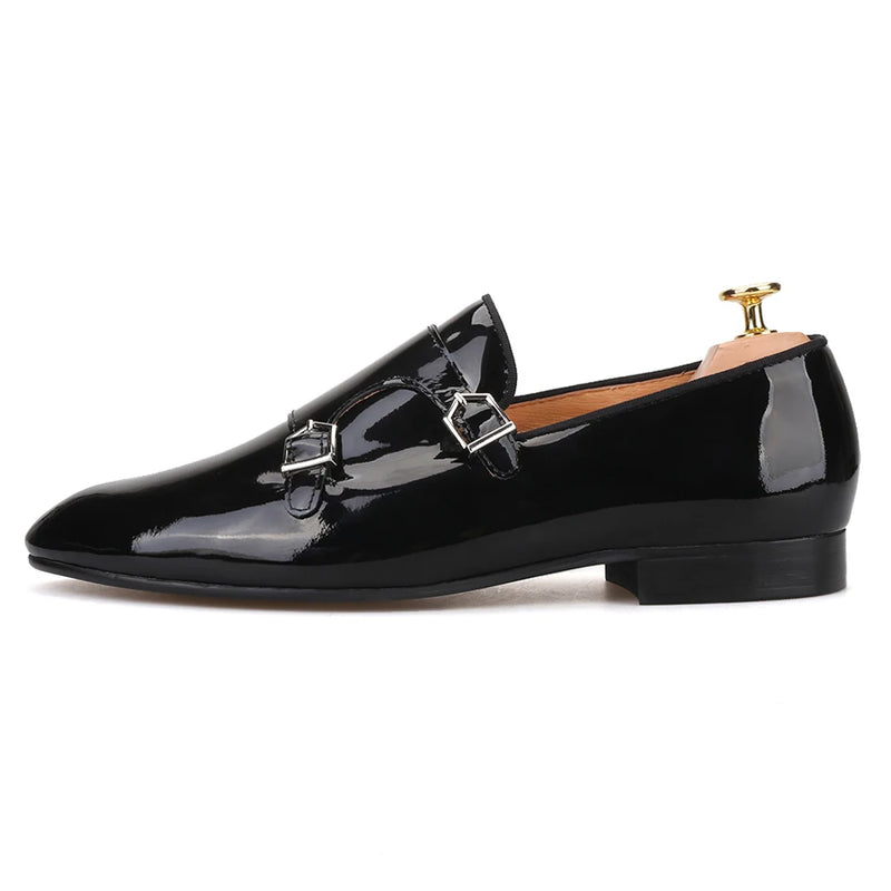 Piergitar New Black Color Patent Leather Men's Dress Shoes With Metal Buckles Fashion Party And Wedding Men Loafers Plus Size