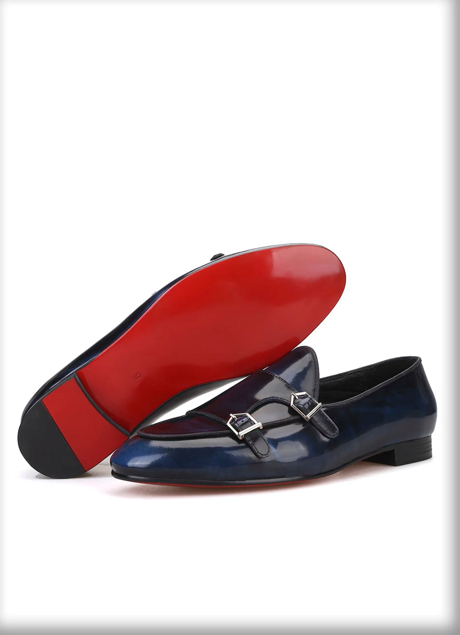 Plus size men's smoking slippers with metal buckle and handmade calfskin dress shoes for men.