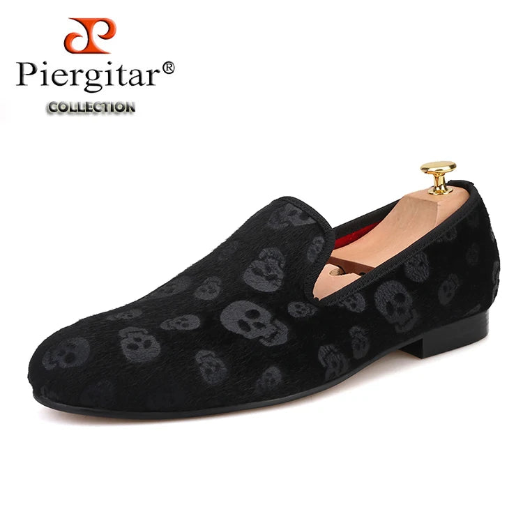 Piergitar New Style Black Horsehair Sliver Skull Embossed Men Shoes For Party Slip-On Loafers Smoking Slipper Men Flat Plus Size