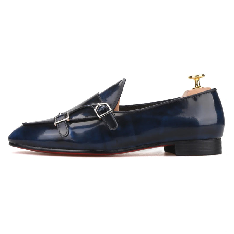 Plus size men's smoking slippers with metal buckle and handmade calfskin dress shoes for men.