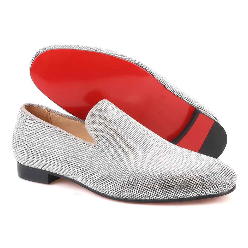 Handmade men's smoking slippers and loafers in red bottoms for weddings and parties.