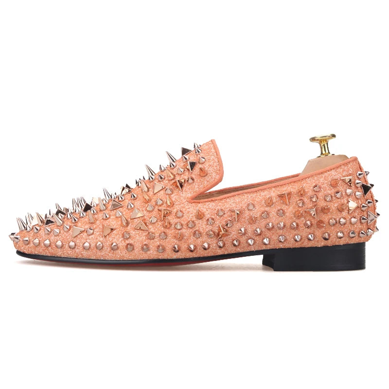 Piergitar 2021 Handmade Gold Spikes Flat For Party And Wedding Red Color Outsole Men's Loafers Luxurious Moccasin Plus Size