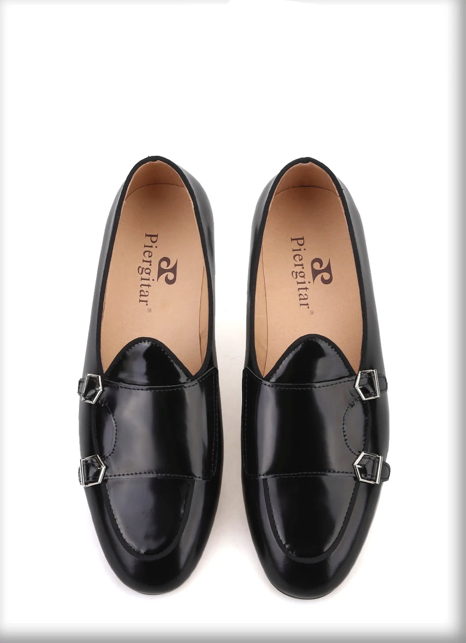 Men's handmade black leather loafers with metal buckle. Fashion Party and Wedding men's dress shoes.