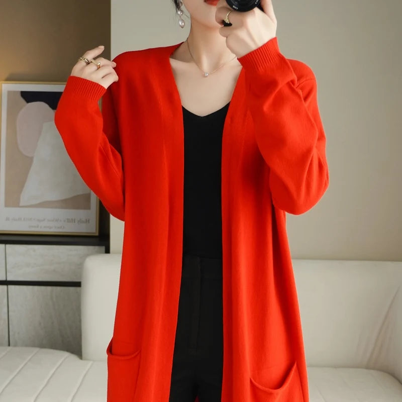 YSC New style Women Knitted Cashmere wool blend Cardigan V collar Super long style Buttonless pocket trim High-quality Cardigan
