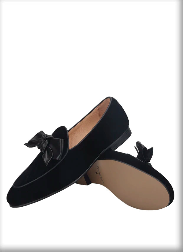 High Quality Men's Smoking Loafers in British Classic Style with Handmade Leather Bow Tie, Black Velvet Moccasin
