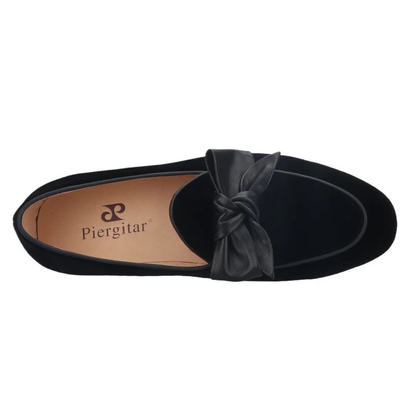 High Quality Men's Smoking Loafers in British Classic Style with Handmade Leather Bow Tie, Black Velvet Moccasin