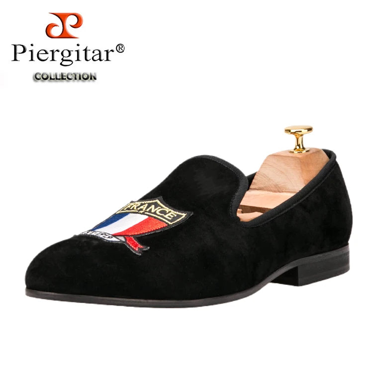 Piergitar Handmade Embroidery Of Four Powerful Football Countries Black Velvet Men Loafers Genuine Leather InSoles And Outsoles