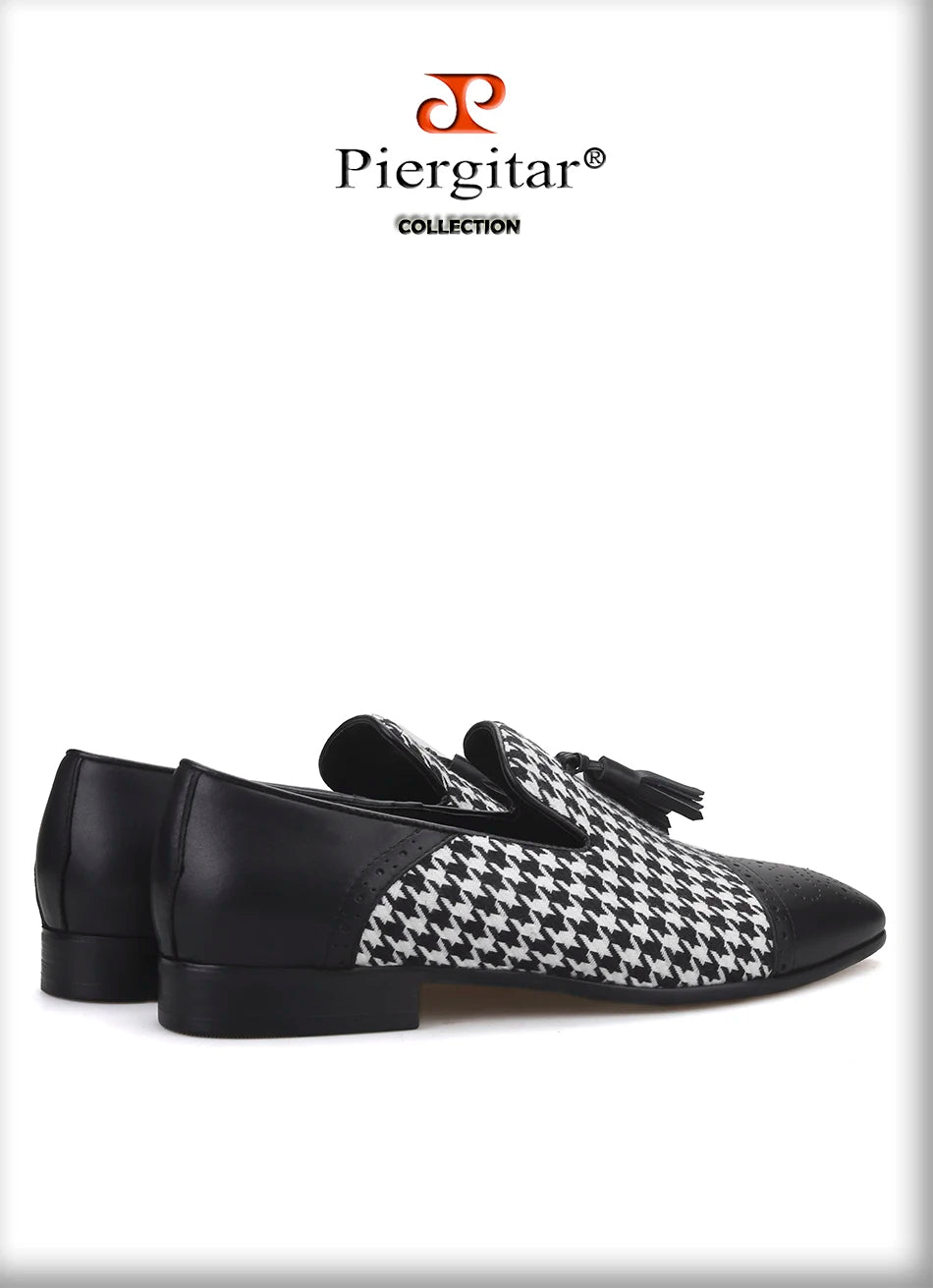 Piergitar brand new design houndstooth pattern men tassel shoes handmade men's loafers for party and prom men smoking slipper