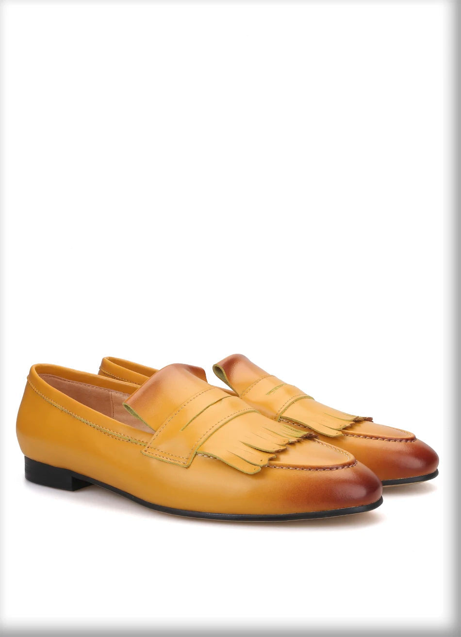 Yellow and Brown Colors Calfskin Slip-On Mens Dress Shoes for Party Handmade Male Smoking slippers